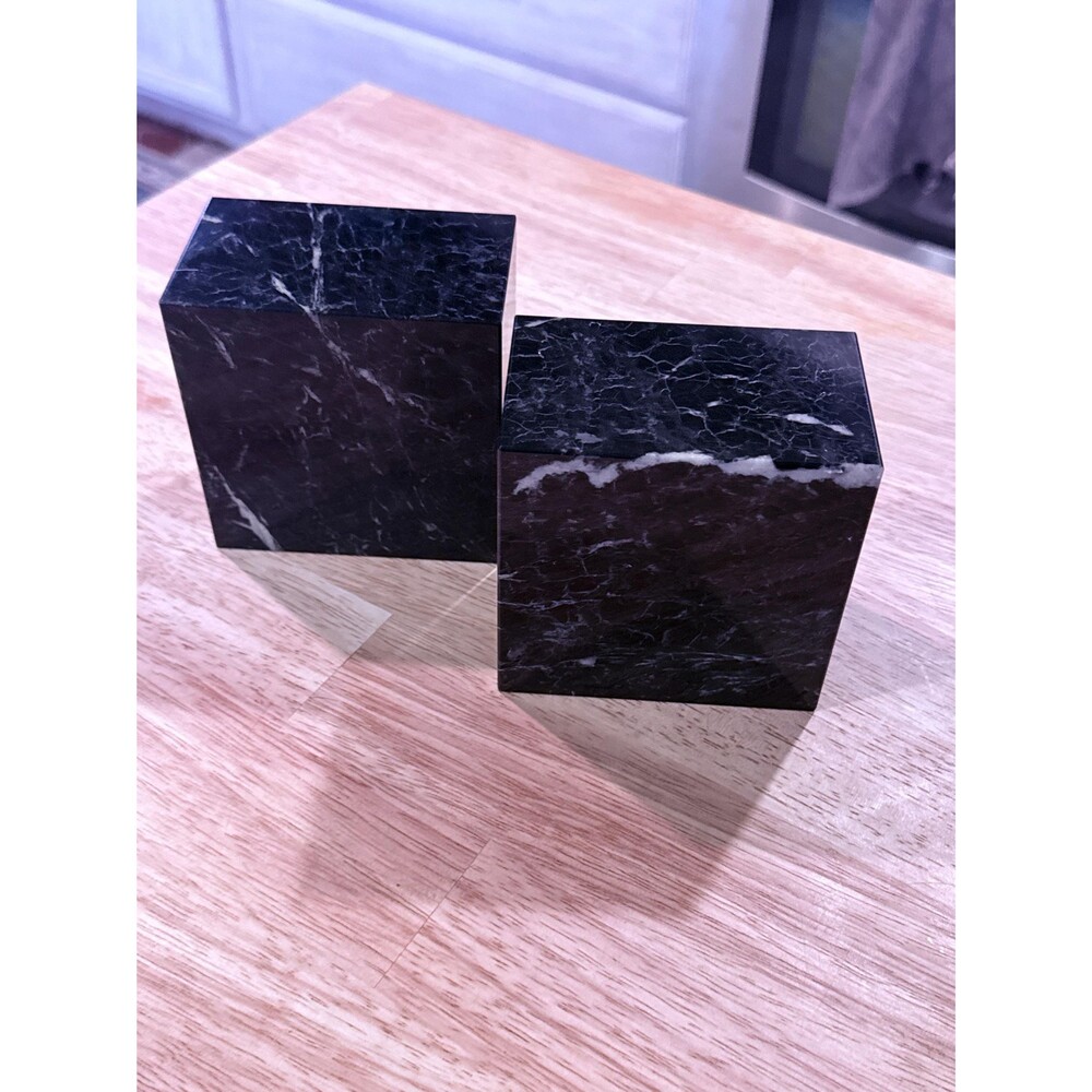 Vintage 1950s Vermont Mid-Century Natural White Veining Black Marble Bookends